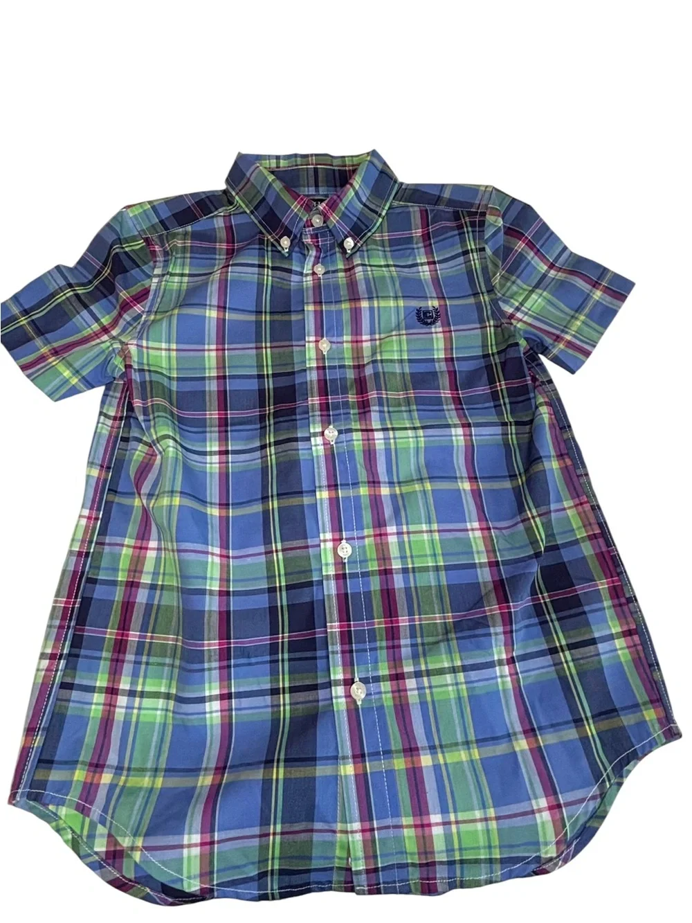 Chaps Boys Size 7 Plaid Button Down Shirt Blue Green Preppy EUC